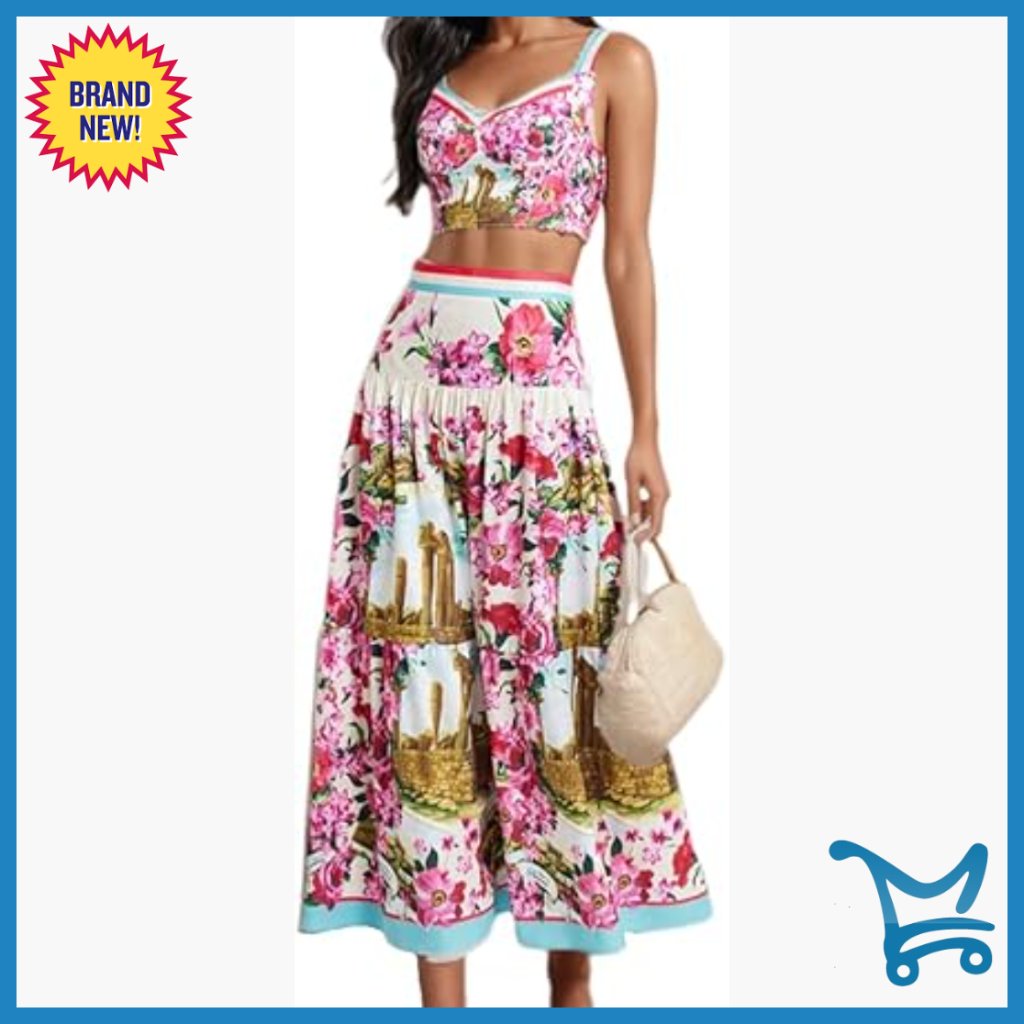 Floral Halter Top Maxi Skirt Set Size Small Polyester Spandex Vacation Outfit